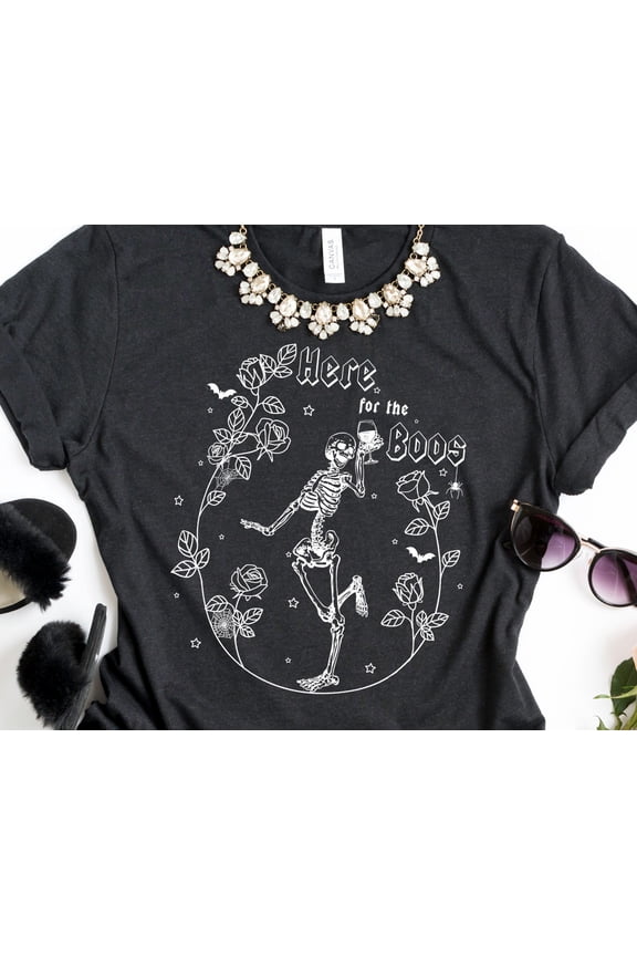 Here for the Boos Shirt Skeleton Shirt Wine Drinking Shirt Graphic Tee Halloween TShirt Fu
