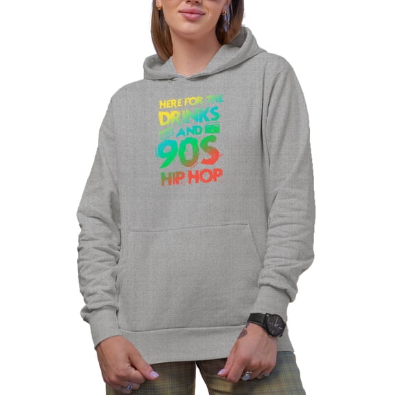 Here for the Drinks and 90s Hip Hop, Party and Music Themed, Heather Grey Hooded Sweatshirt or Hoodie, Small