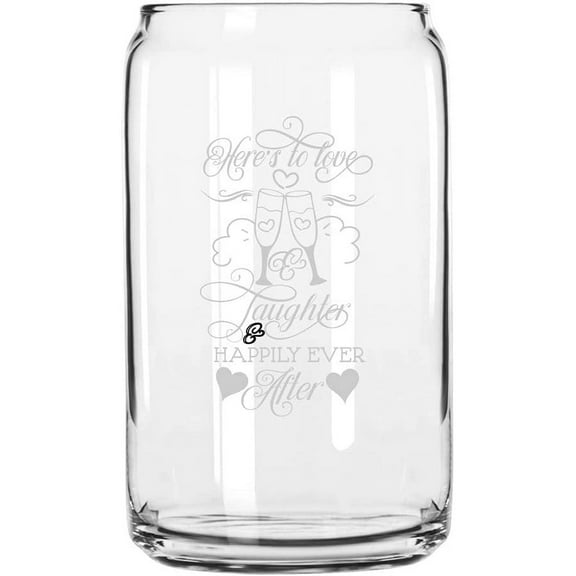Here's To Love & Happily Ever After Wedding Quotes Etched 16oz Libbey Can Glass