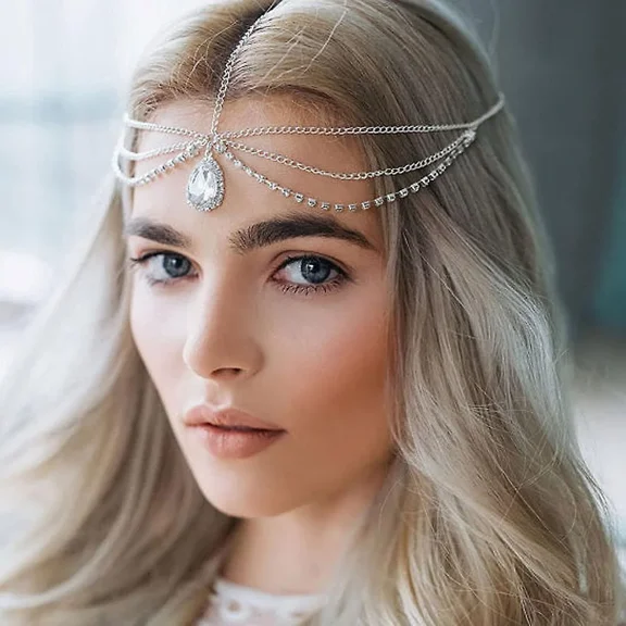 Heread Boho Layered Head Chain Jewelry Silver Crystal Pendant Hair Chains Headpiece Wedding Festival Prom Headband Hair Accessories For Women And Girl