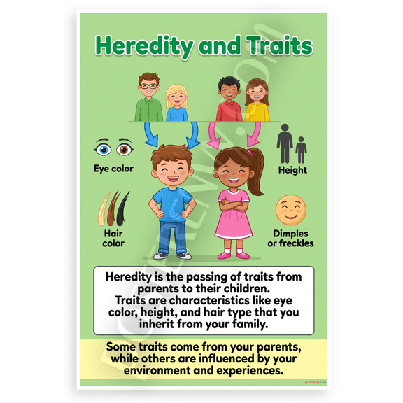 Heredity and Traits Inherited Characteristics Educational 12x18 US Made Poster