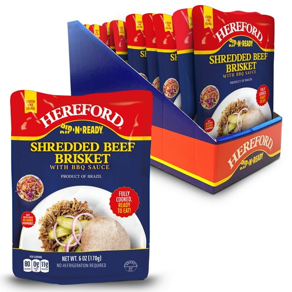 Hereford Fully Cooked Shredded Beef Brisket with BBQ, Shelf Stable Pouch, 6 oz (Case of 12)