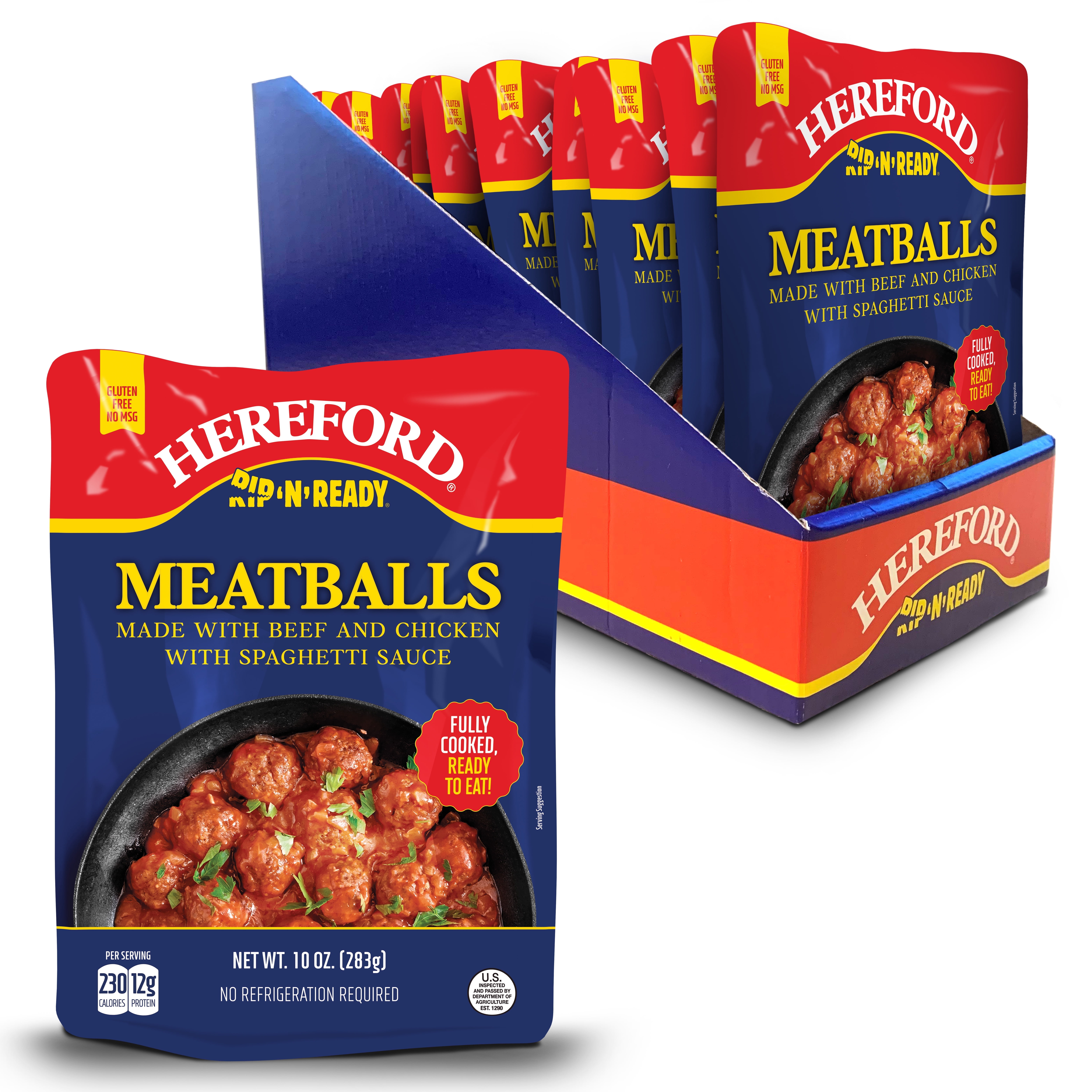 Hereford Meatballs with Spaghetti Sauce, Fully Cooked, Shelf Stable, 10oz Pouch (Case of 12)