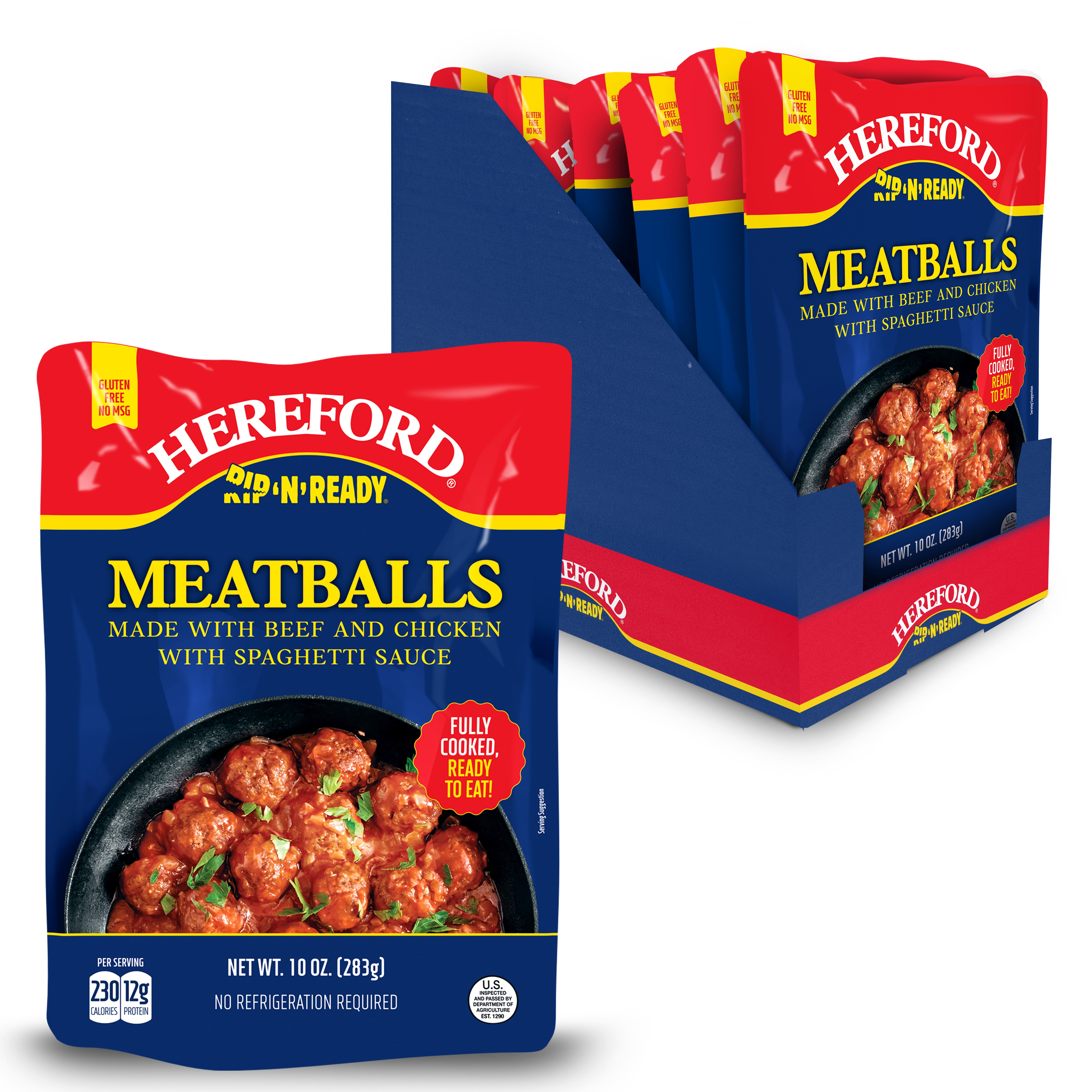Hereford Meatballs with Spaghetti Sauce, Fully Cooked, Shelf Stable, 10oz Pouch (Case of 6)