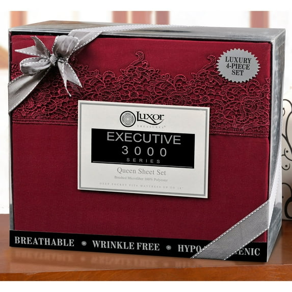 Luxor Treasures-Executive 3000 MF3000TWSH RLBGBG Executive 3000 Series Twin Sheet Set, Regal Lace Embroidery - Burgundy