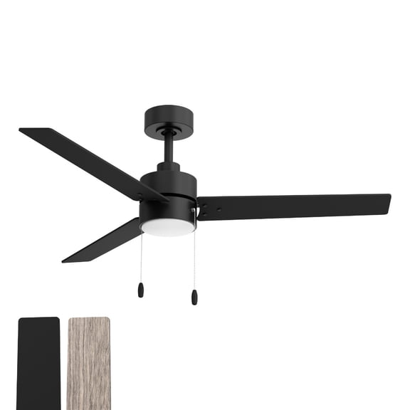 Heritage 52in 3-Blade Pull Chain Ceiling Fan 2700K-3000K-4000K-5000K-6000K CCT Selectable LED Light Kit with Black Hardware with Reversible Blades in Weathered Wood or Black