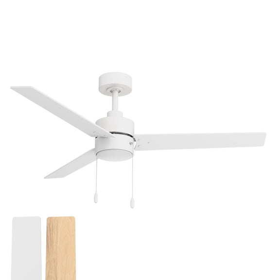 Heritage 52in 3-Blade Pull Chain Ceiling Fan 2700K-3000K-4000K-5000K-6000K CCT Selectable LED Light Kit with White Hardware with Reversible Blades in Natural Wood or White