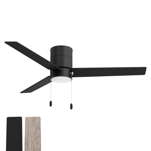 Heritage 52in 3-Blade Pull Chain Flush Mount Fan 2700K-3000K-4000K-5000K-6000K CCT Selectable LED Light Kit with Black Hardware with Reversible Blades in Weathered Wood or Black