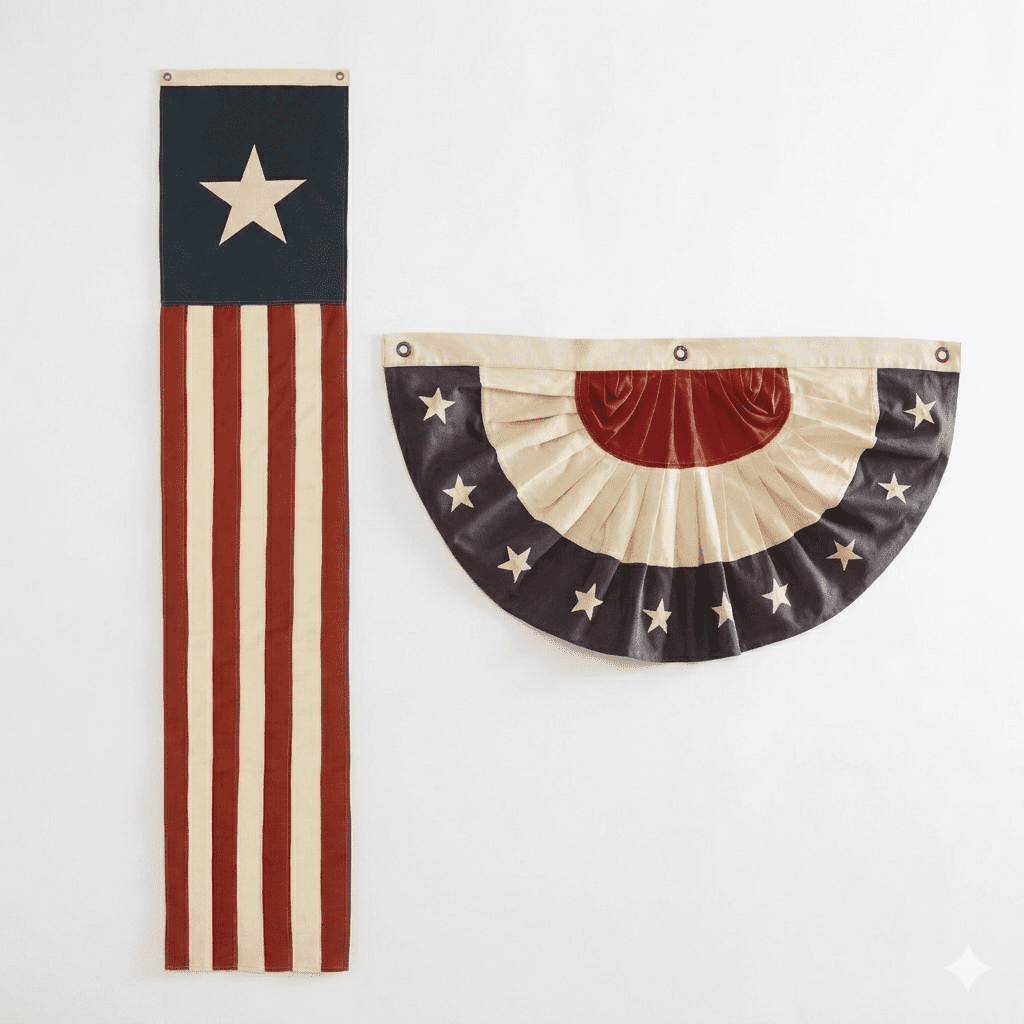 Heritage American Flag Banner – 2PCS Vintage Pleated Fan Bunting & Vertical Star Pull Flag – Heavy Duty Canvas Patriotic Decor for Porch, Deck & Home – JEWLALO