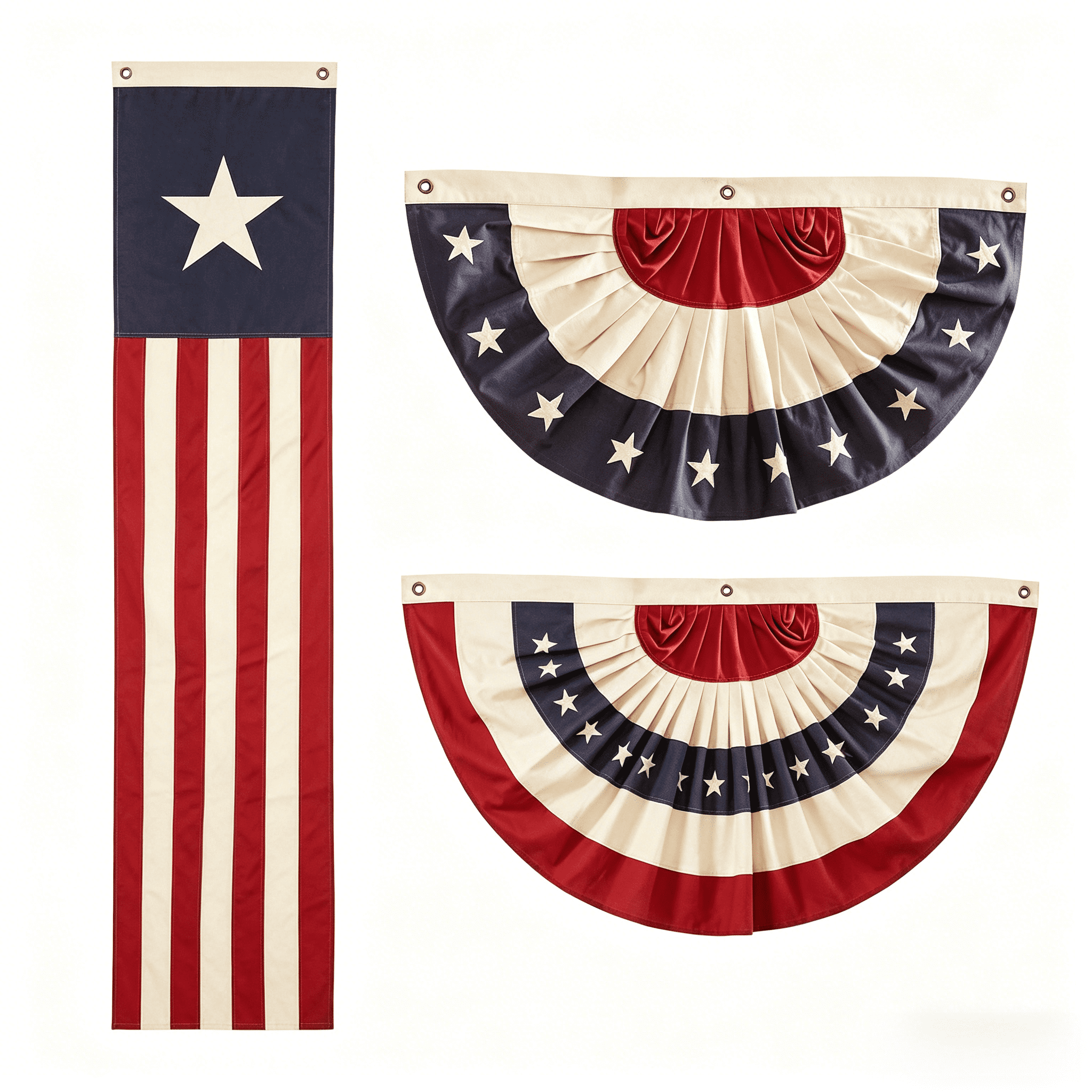 Heritage American Flag Set of 3- 250th Anniversary Commemorative Decor - Vintage Tea-Stained Pleated Fan Bunting & Vertical Star Pull Flag - Heavy Duty Canvas Patriotic Banner for Porch & Railing