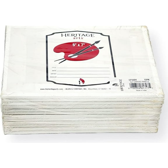 Heritage Arts CP3004 Pack of 12 Primed Canvas Boards, 5" x 7"; Mounted to MDF Board; Pure Cotton Artist Canvas Primed with an Acrylic Plaster; Small Tooth Surface Finish