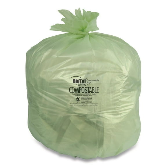 Heritage Biotuf Compostable Can Liners, 48 gal, 0.8 mil, 42" x 48", Green, 25 Bags/Roll, 5 Rolls/Carton