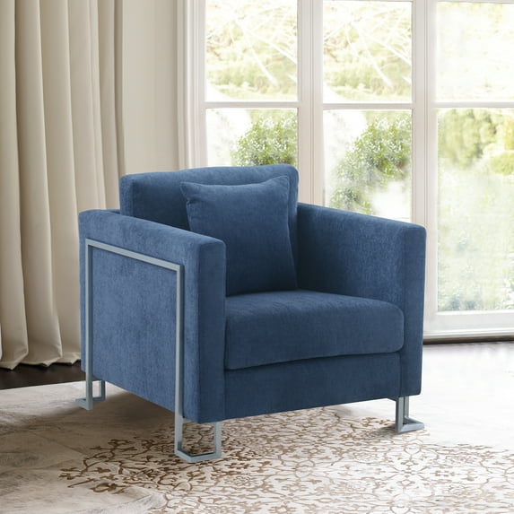 Heritage Blue Fabric Upholstered Accent Chair Brushed Stainless Steel Legs