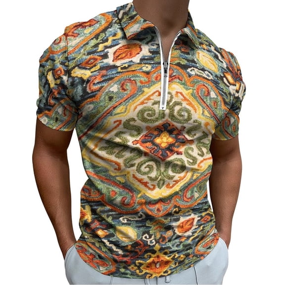 Heritage Bohemian Floral Traditional Moroccan Style Men Zipper T-shirt Summer Casual Short Sleeve T-shirt Top