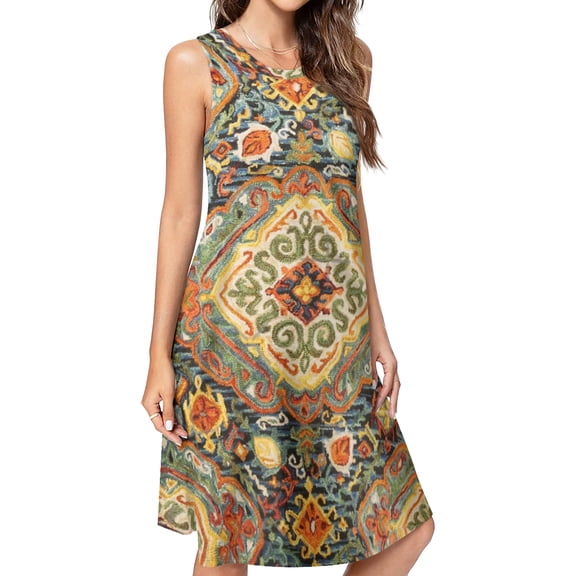Heritage Bohemian Floral Traditional Moroccan Style Spring Summer Dresses for Women Fashion T-shirt Dress Casual Sleeveless Loose Sundress with Pockets