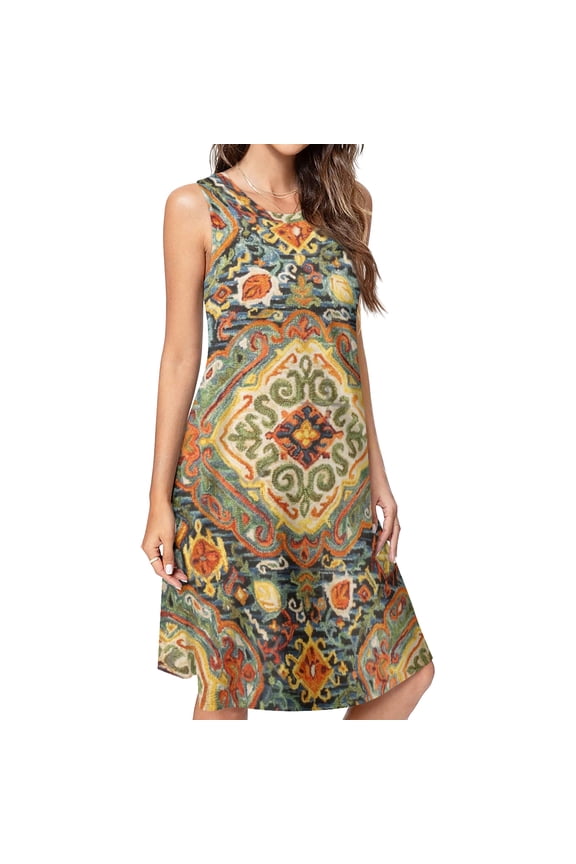 Heritage Bohemian Floral Traditional Moroccan Style Spring Summer Dresses for Women Fashion T-shirt Dress Casual Sleeveless Loose Sundress with Pockets
