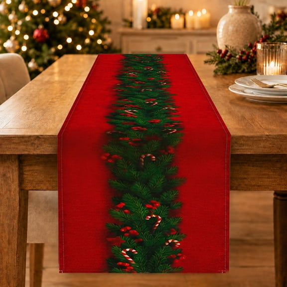 Heritage Christmas Table Runner, Pine Garland Berry and Candy Cane Print, 13 x 72 in for Dining Room, Kitchen and Holiday Party Decor