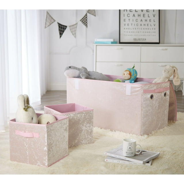 Heritage Club Crushed Velvet Collapsible Storage Trunk and 2 Cubes Set, Blush