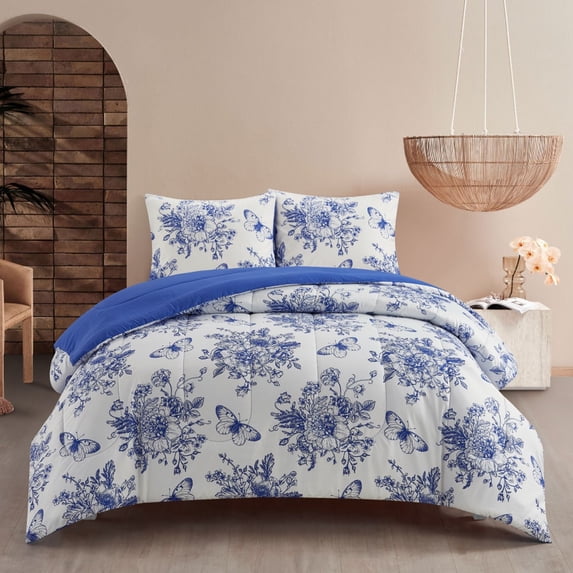 Heritage Club Kdis Beau Jardin 3 Piece Comforter Set, Full/Queen, Blue, Polyester, Floral