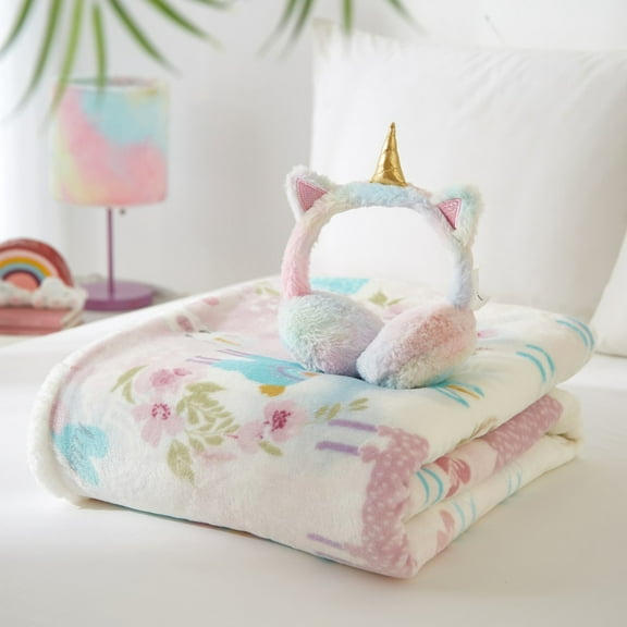 Heritage Club Kids 2 Piece Set, Includes 50" x 60" Soft Plush Throw and Faux Fur Earmuffs, Llamacorn