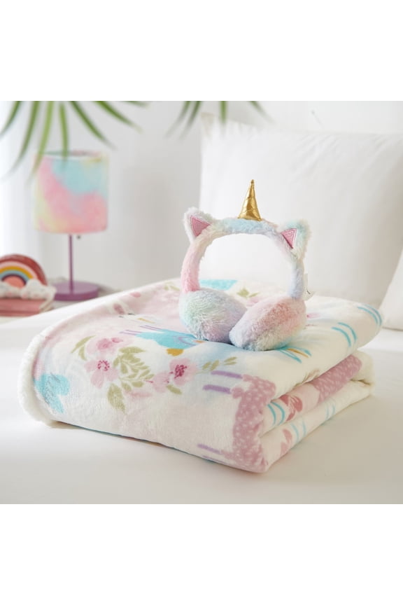Kids 2 Piece Set, Includes 50" x 60" Soft Plush Throw and Faux Fur Earmuffs, Llamacorn