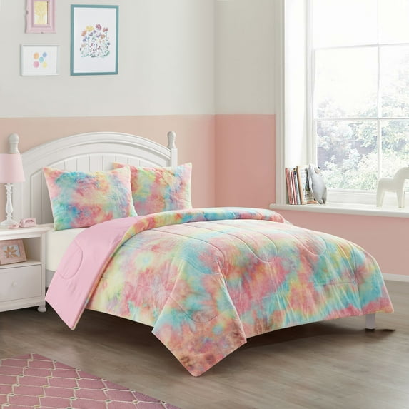 Heritage Club Soft Plush Tie Dye Comforter Set, Rainbow Pink, Full, Polyester