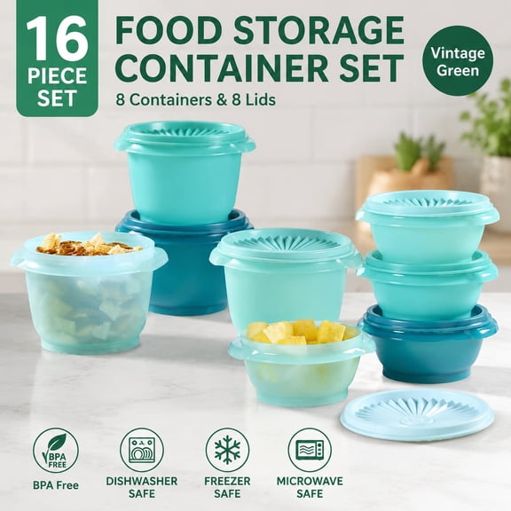 Heritage Collection 16 Piece Food Storage Container Set in Vintage Green, BPA Free, Dishwasher Safe, 8 Containers with Lids