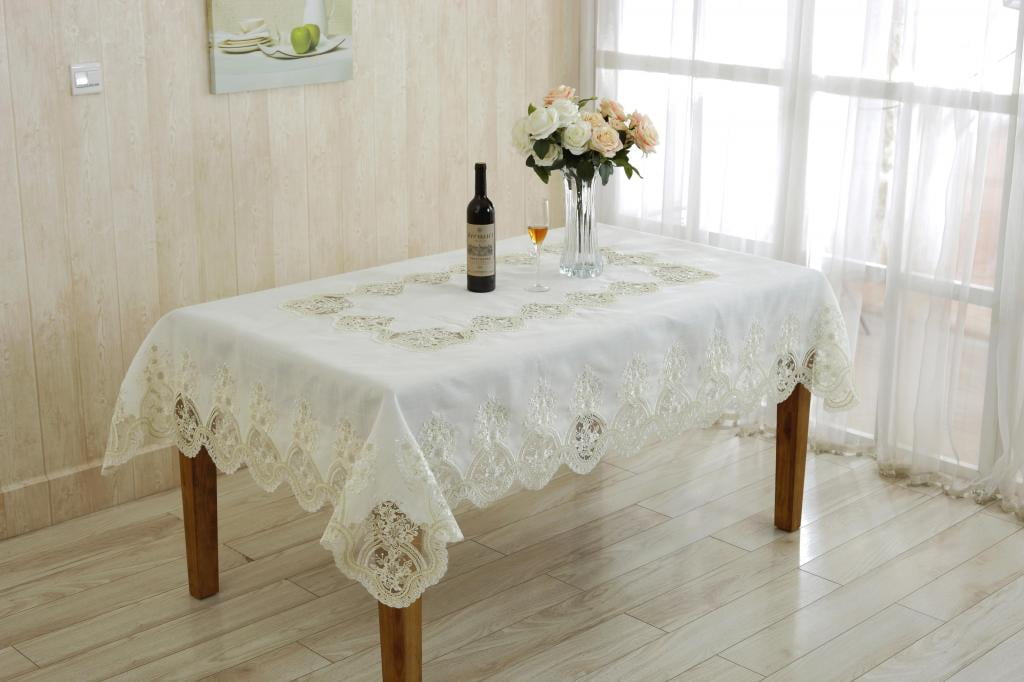 Cream Lace Embroidered Rectangular Fabric Tablecloth