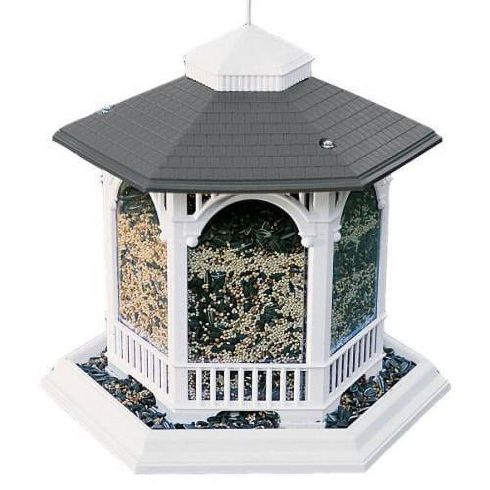 White and Gray Metal and Plastic Hanging Gazebo Bird Feeder