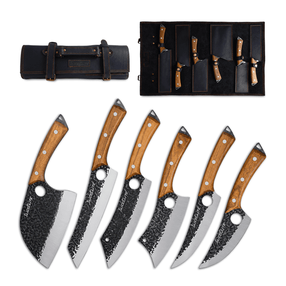 Heritage Forge 6-Piece Knife Set with Leather Roll Serbian, Viking, Cleaver, Boning, Scimitar & Kiritsuke Knives, Hand Forged High Carbon Steel, Full Tang Kitchen & Butcher Set