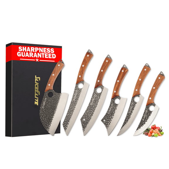 Heritage Forge 6 Piece Knife Set Serbian Knife Viking Knife Cleaver Boning Knife Scimitar Knife Kiritsuke Knife Hand Forged High Carbon Steel Kitchen Butcher Knives for Meat Vegetables and Daily Prep