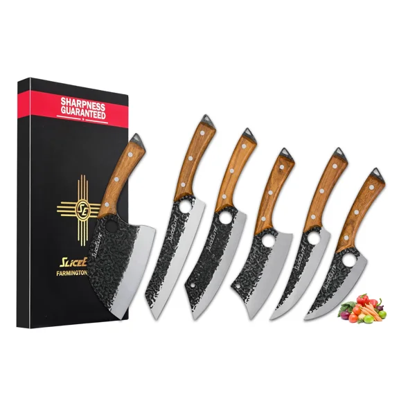 Heritage Forge 6 Piece Knife Set Serbian Knife Viking Knife Cleaver Boning Knife Scimitar Knife Kiritsuke Knife Hand Forged High Carbon Steel Kitchen Butcher Knives for Meat Vegetables and Daily Prep
