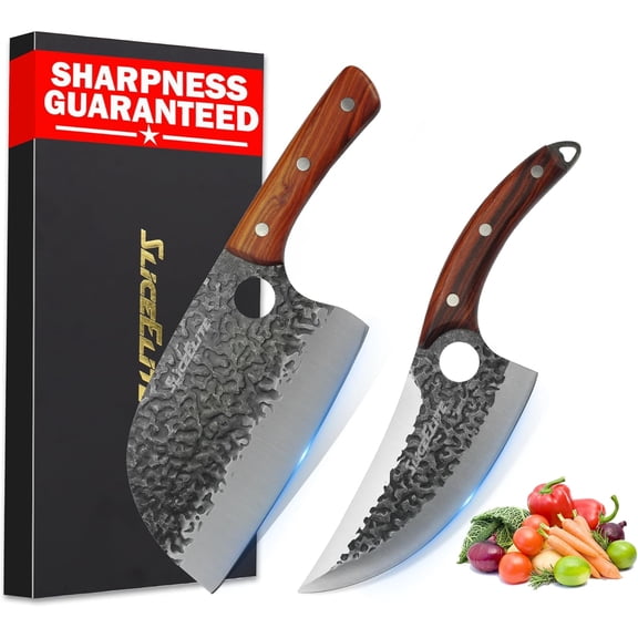 Heritage Forge Series 2PCS Hand-Forged Serbian Chef & Viking Duo Kitchen Tool Meat Cleaver Chopping Knife Outdoor Cooking BBQ Butcher Set Forged Knives Great for Men and Women