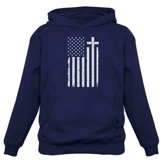 Heritage & Honor Distressed White USA Cross Flag Men's Hoodie by Tstars - Bold 4th of July Attire - Patriotic Christian Expression - Ideal Gift for Devoted American Patriots