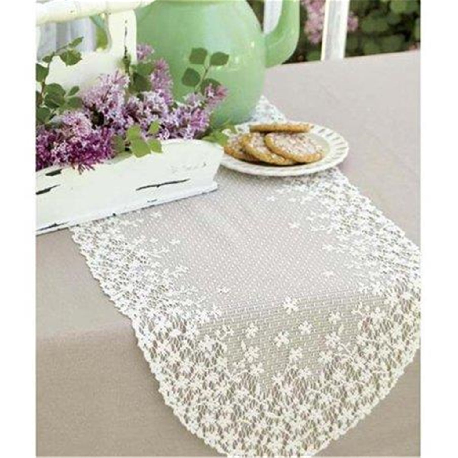 Delicate White Floral Polyester Table Runner, 12" x 54"