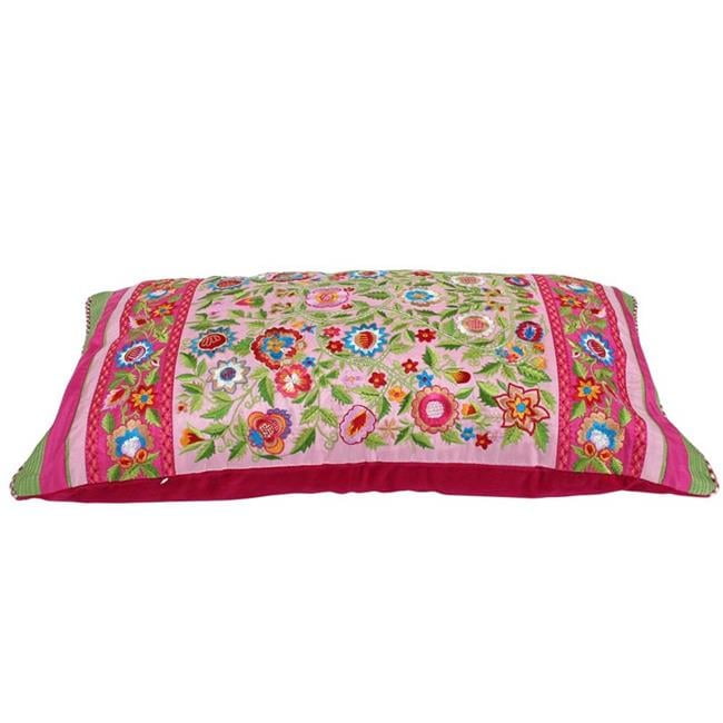 Pink Embroidered Cotton Polyester Lumbar Pillow Cover