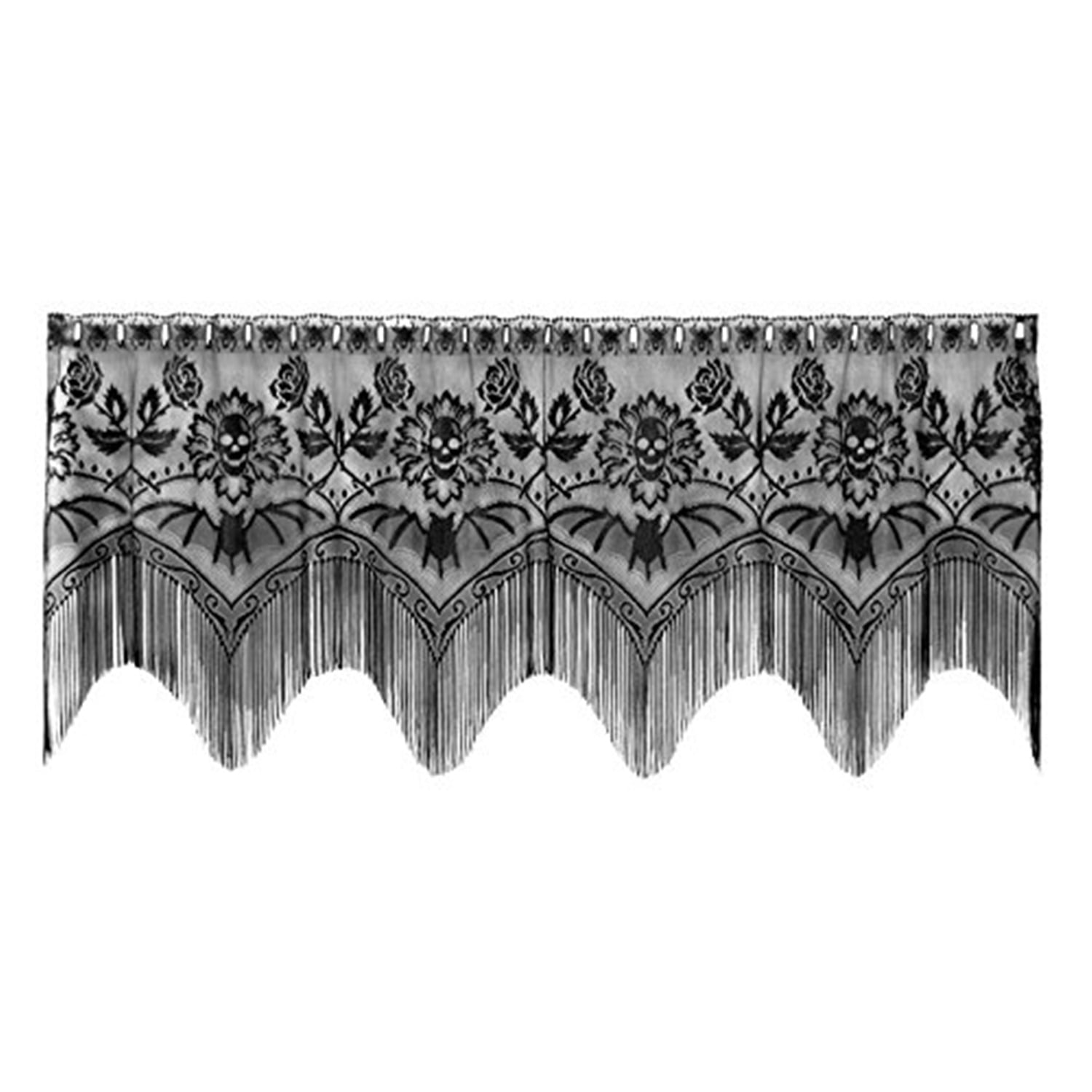 Black Sheer Lace Rod Pocket Window Valance with Fringe