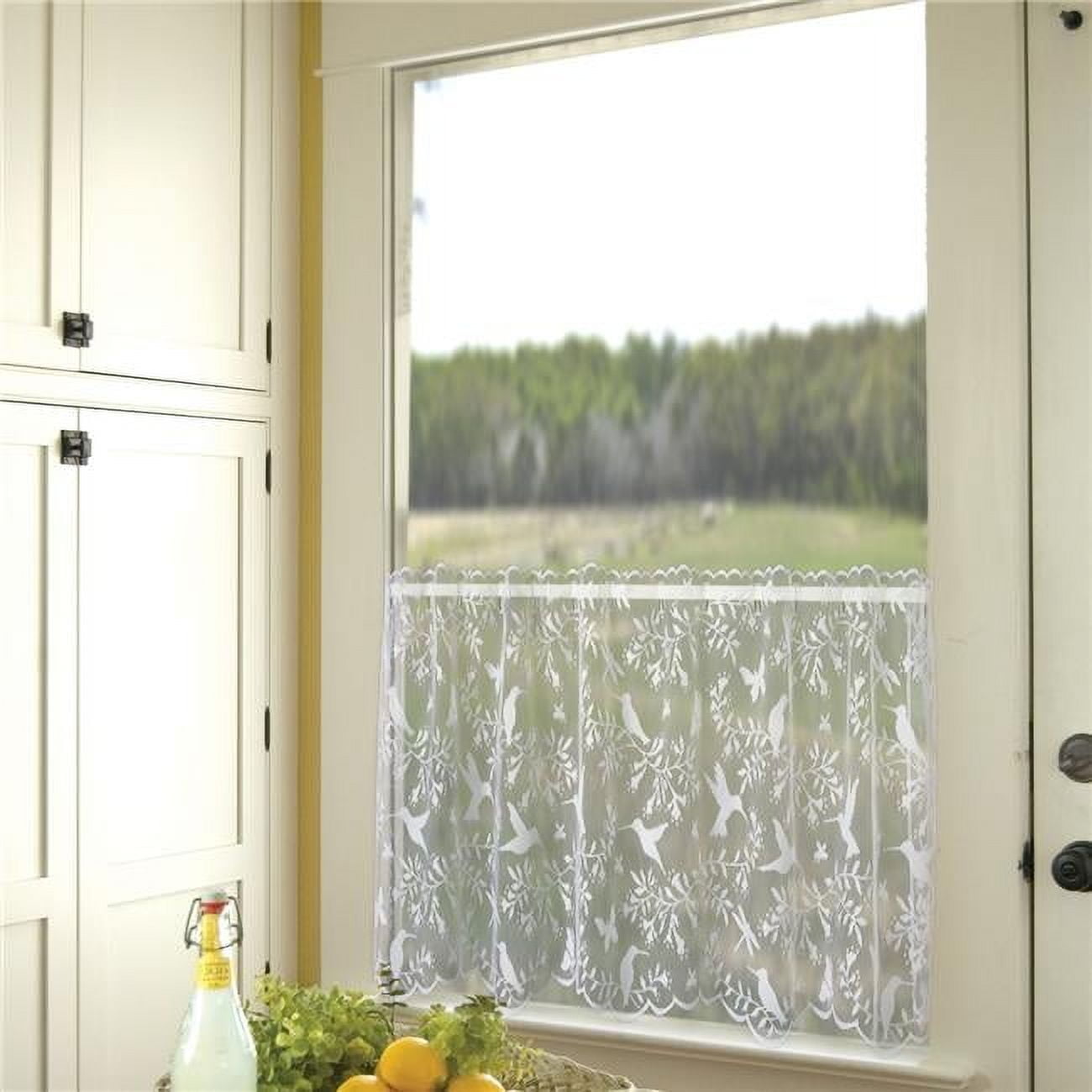 White Lace Polyester Sheer Window Tier with Hummingbird Design