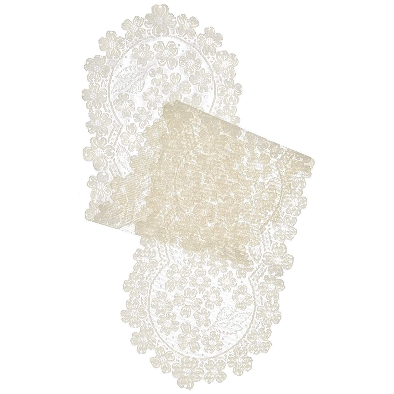 Ecru Lace Polyester Table Runner with Dogwood Blossoms, 14" x 53"