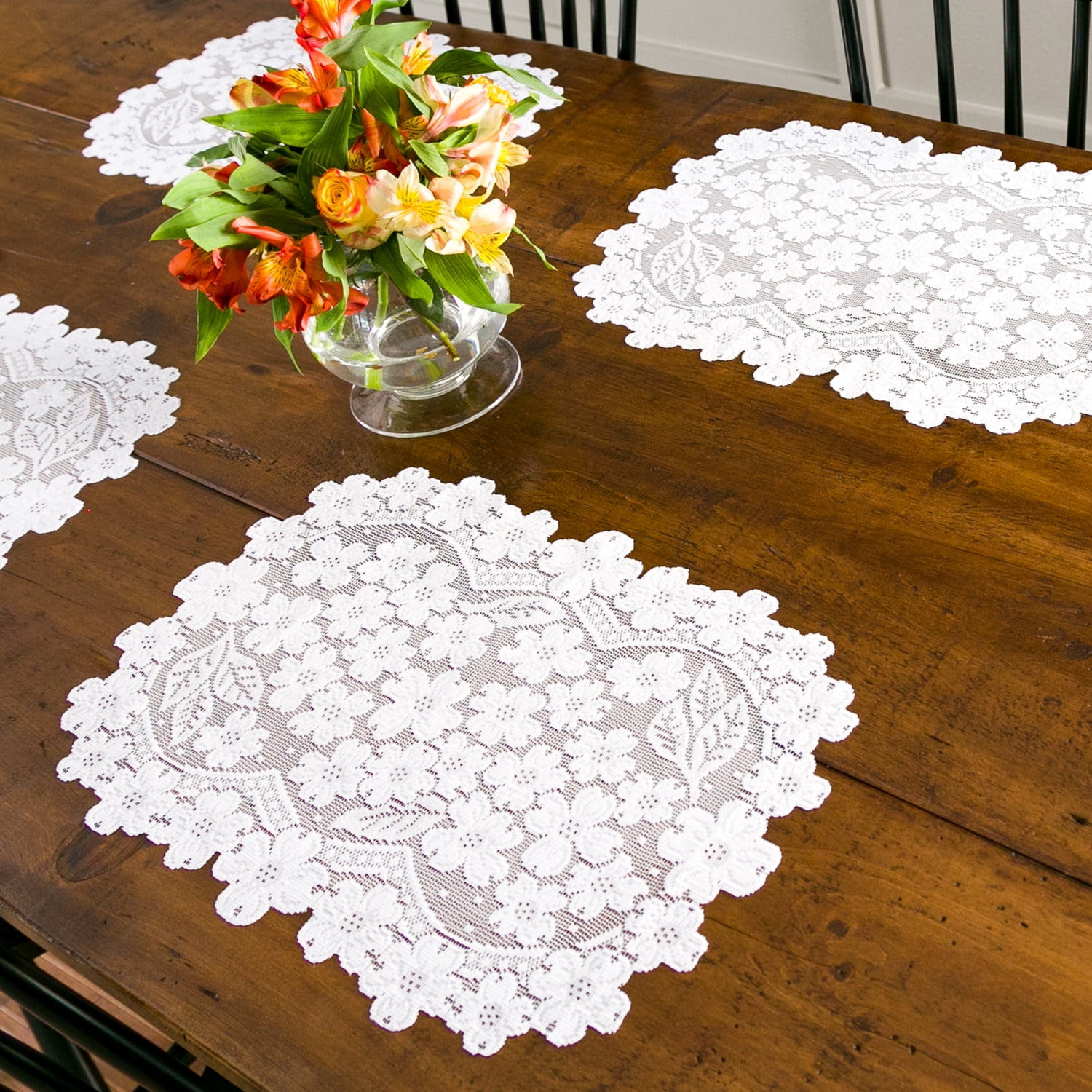 White Lace Rectangular Dogwood Blossom Placemats Set of 4