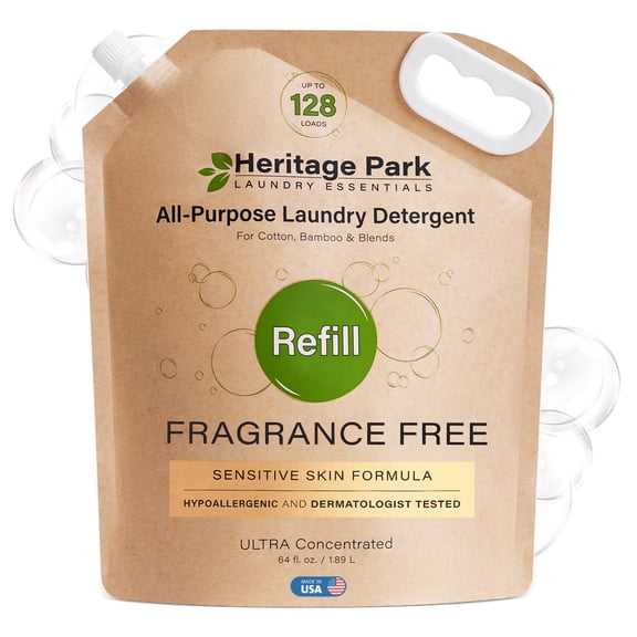 Heritage Park All-Purpose Fragrance Free, Hypoallergenic, pH-Neutral Laundry Detergent - Dermatologist-tested, Sensitive Skin-Friendly, Stain-Fighting Enzymes, 3x Concentrated (64 fl oz Refill Pouch)