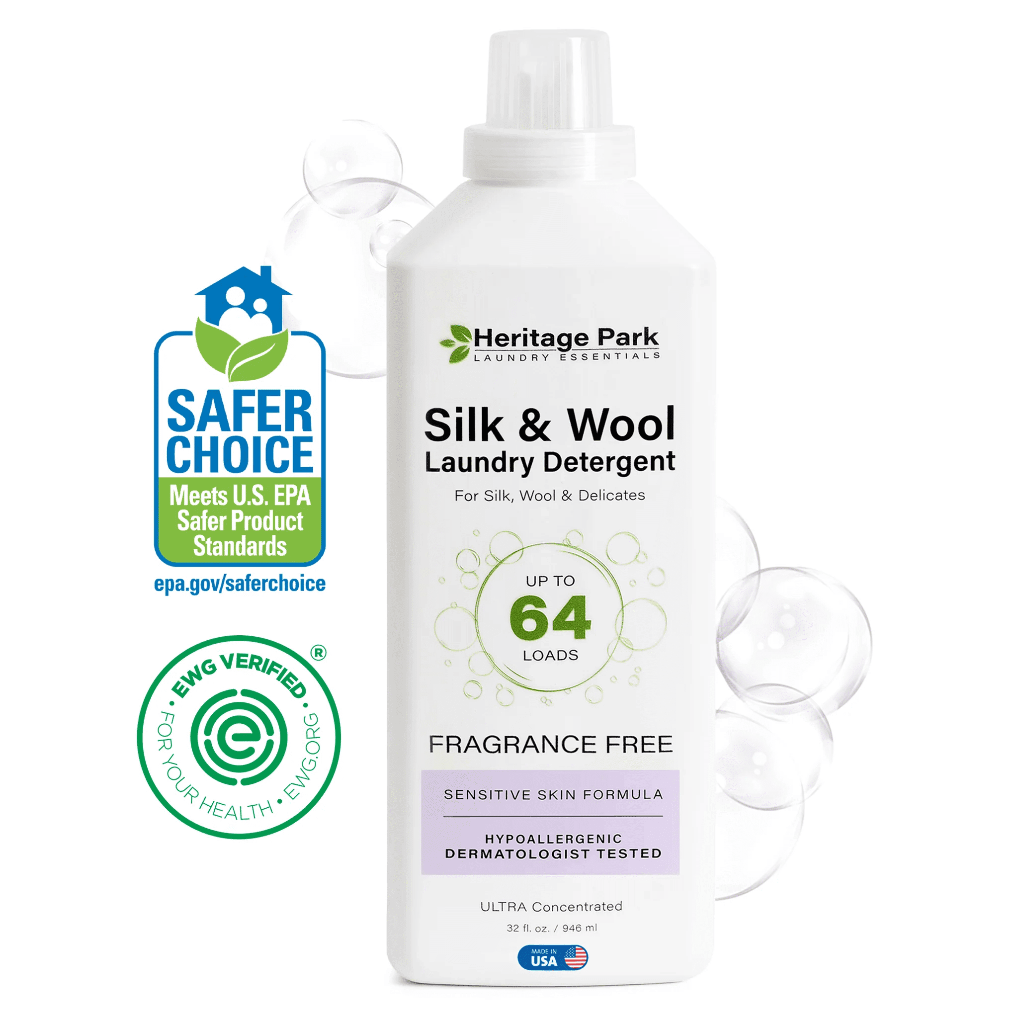 Heritage Park Silk & Wool Fragrance Free, Hypoallergenic, pH-Neutral Laundry Detergent - Dermatologist-tested, Sensitive Skin-Friendly, Enzyme-Free, Concentrated Up to 64 loads (32 fl oz)