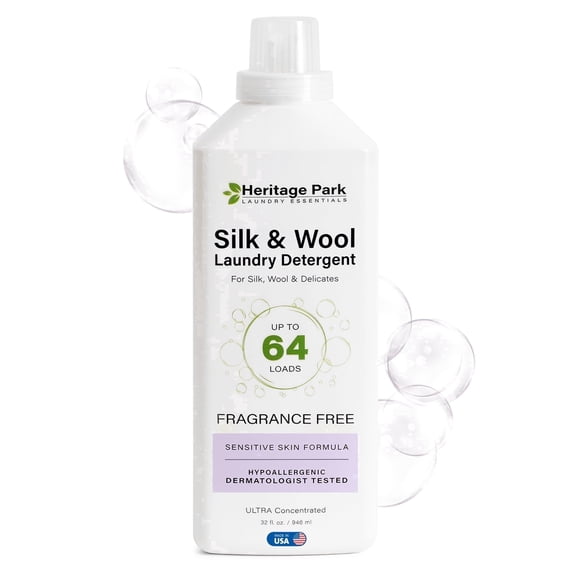 Heritage Park Silk & Wool Fragrance Free, Hypoallergenic, pH-Neutral Laundry Detergent - Dermatologist-tested, Sensitive Skin-Friendly, Enzyme-Free, Concentrated Up to 64 loads (32 fl oz)