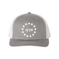 thumbnail image 1 of Heritage Pride 1776 Hat 13 Stars Circle Betsy Ross Flag Embroidered Mens Mesh Back Trucker Hat, Heather Grey/White, 1 of 3