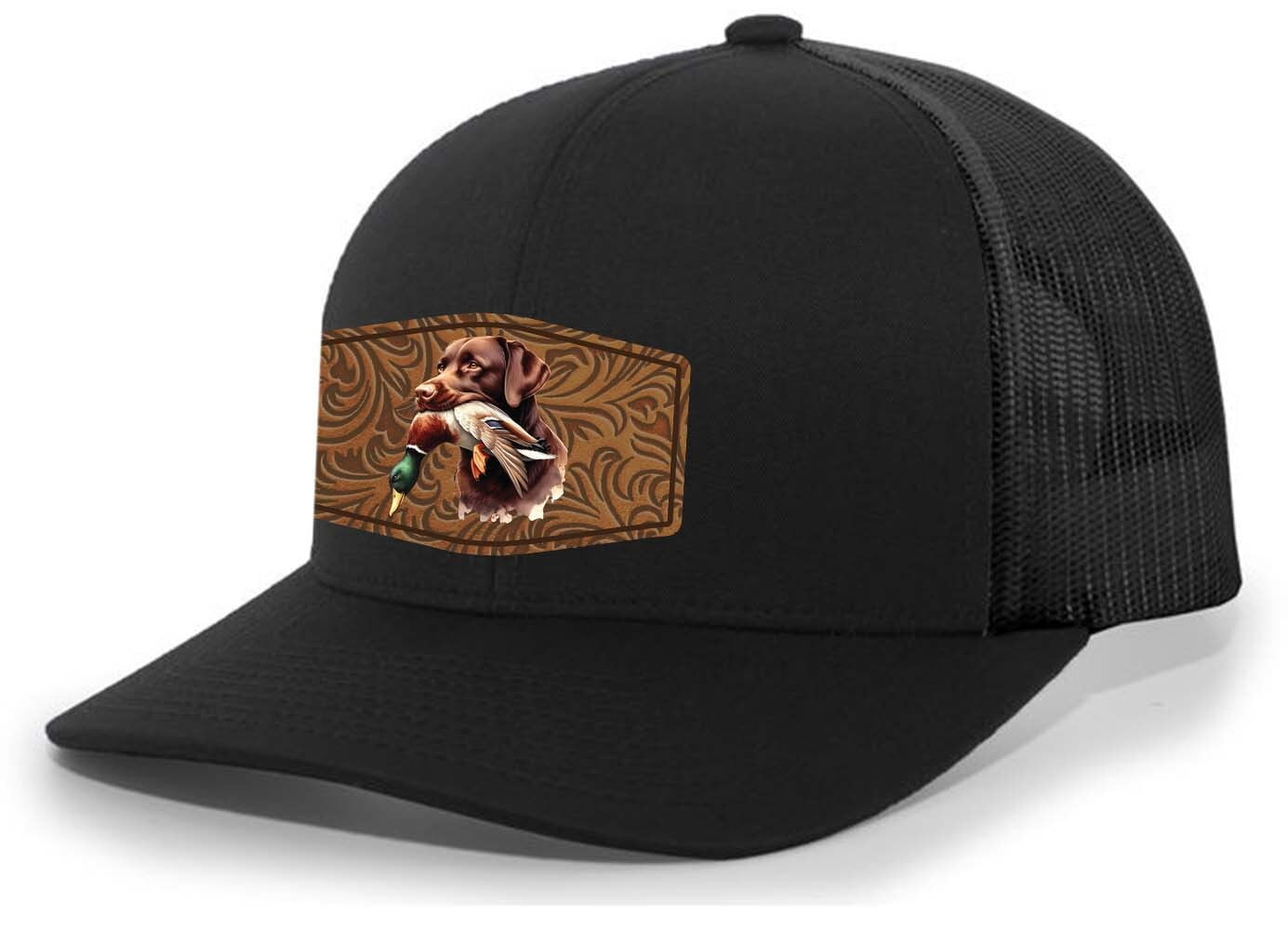 Heritage Pride AG Hat Co. Mens Patch Hat Chocolate Lab Duck Hunting Leather Patch Mesh Back Trucker Hat, Black/Black