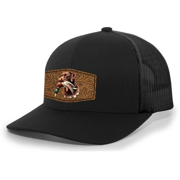 Heritage Pride AG Hat Co. Mens Patch Hat Chocolate Lab Duck Hunting Leather Patch Mesh Back Trucker Hat, Black/Black