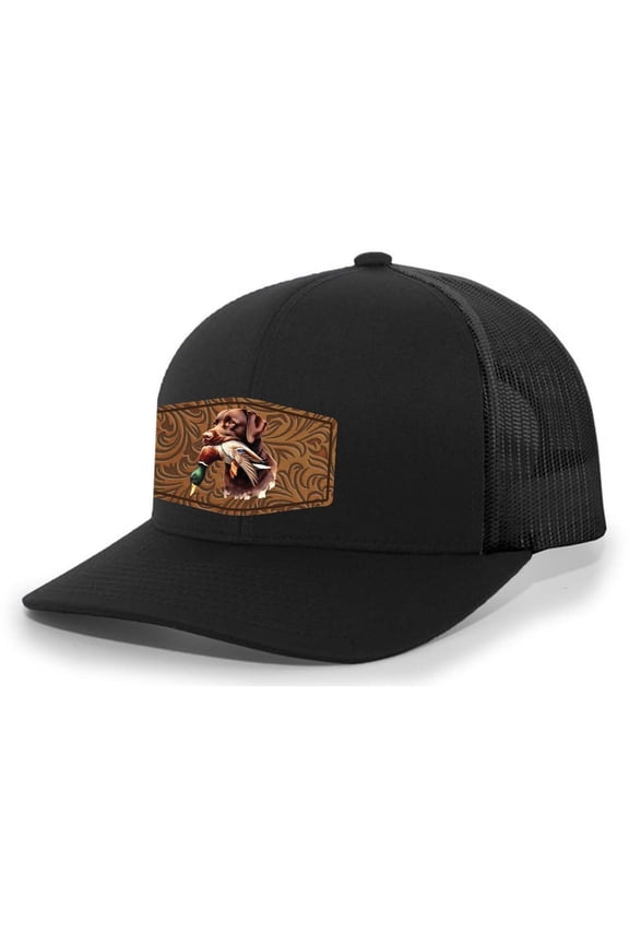 AG Hat Co. Mens Patch Hat Chocolate Lab Duck Hunting Leather Patch Mesh Back Trucker Hat, Black/Black