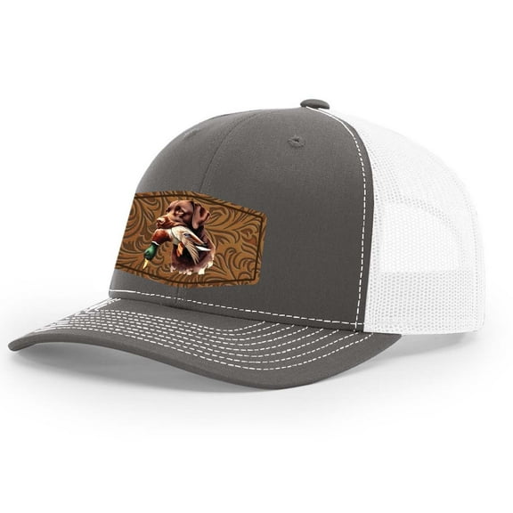 Heritage Pride AG Hat Co. Mens Patch Hat Chocolate Lab Duck Hunting Leather Patch Mesh Back Trucker Hat, Charcoal/White
