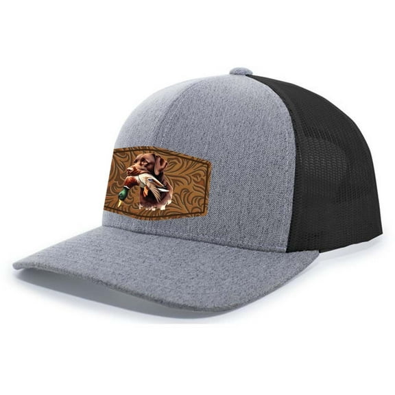 Heritage Pride AG Hat Co. Mens Patch Hat Chocolate Lab Duck Hunting Leather Patch Mesh Back Trucker Hat, Heather Grey/Black