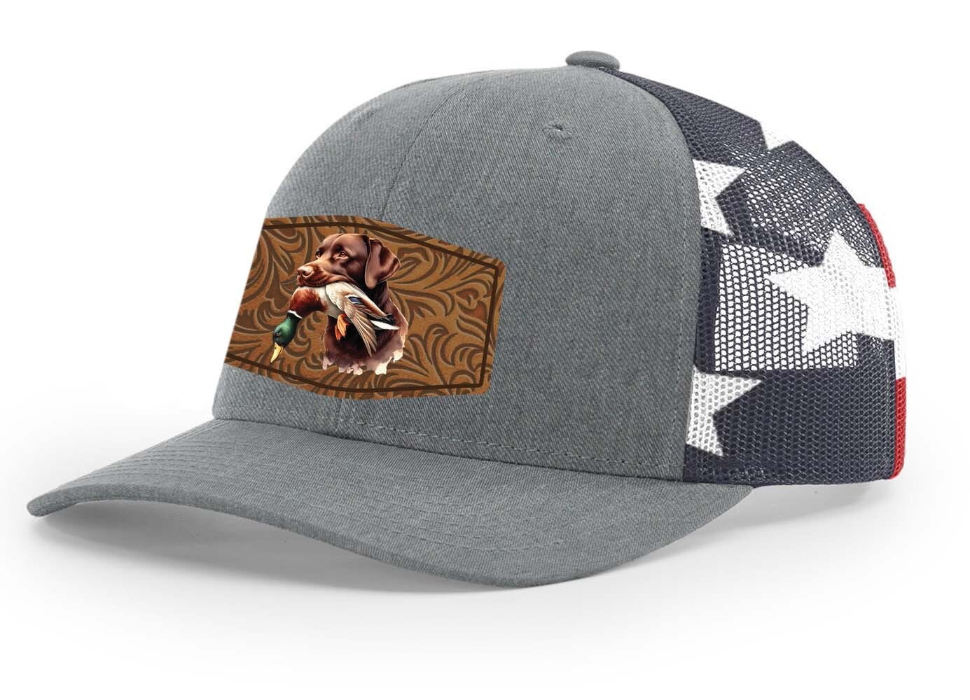 Heritage Pride AG Hat Co. Mens Patch Hat Chocolate Lab Duck Hunting Leather Patch Mesh Back Trucker Hat, Heather Grey/Flag